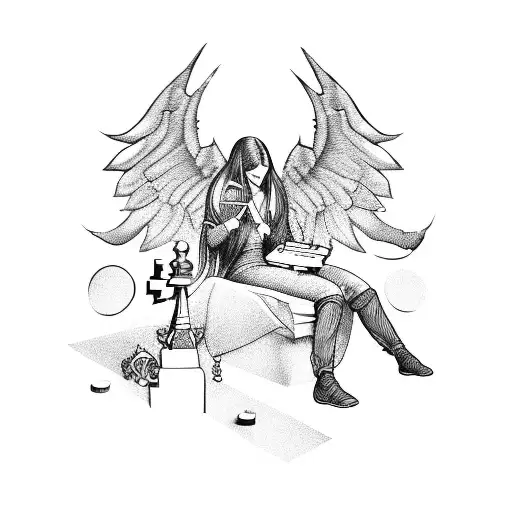 Illustration of an angel and a demon engaged in a chess game tattoo design idea