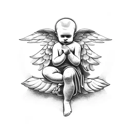 sad cherub sat on riverbank tattoo design idea