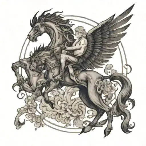 Rebellion on Mount Olympus of the Phoenix, the Chimera, Hercules, Bellerophon riding Pegasus, Icarus, the Lernaean Hydra tattoo design idea