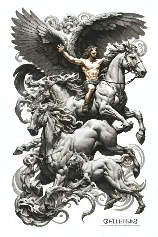 Rebellion on Mount Olympus of the Phoenix, the Chimera, Hercules, Bellerophon riding Pegasus, Icarus, the Lernaean Hydra tattoo design idea