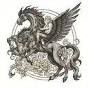 Rebellion on Mount Olympus of the Phoenix, the Chimera, Hercules, Bellerophon riding Pegasus, Icarus, the Lernaean Hydra tattoo design idea