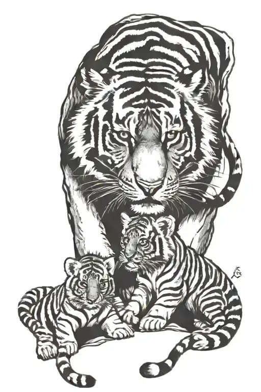 Tiger protects two cubs walking tattoo design idea