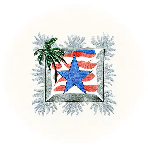 Puerto Rico Flag, palm trees, cobblestone, ocean tattoo design idea