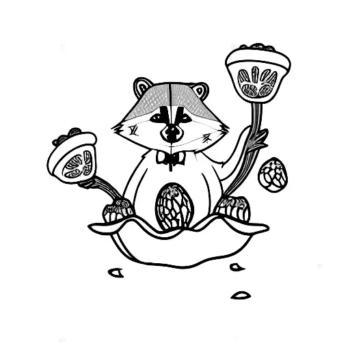 raccoon with acorn hat carrying basket of morel mushrooms  tattoo design idea
