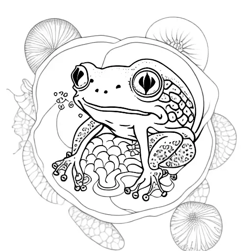 back spine tattoo frog, mushroom, dopamine, line work tattoo design idea