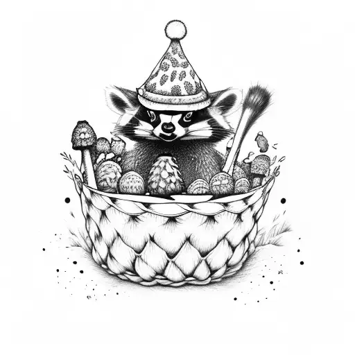 raccoon with acorn hat carrying basket of morel mushrooms  tattoo design idea