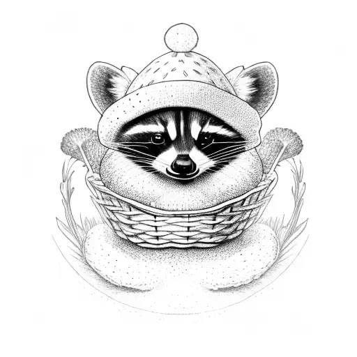 raccoon wearing an acorn hat holding a basket of morel mushrooms  tattoo design idea