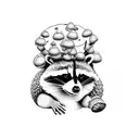 raccoon with acorn hat carrying basket of morel mushrooms  tattoo design idea