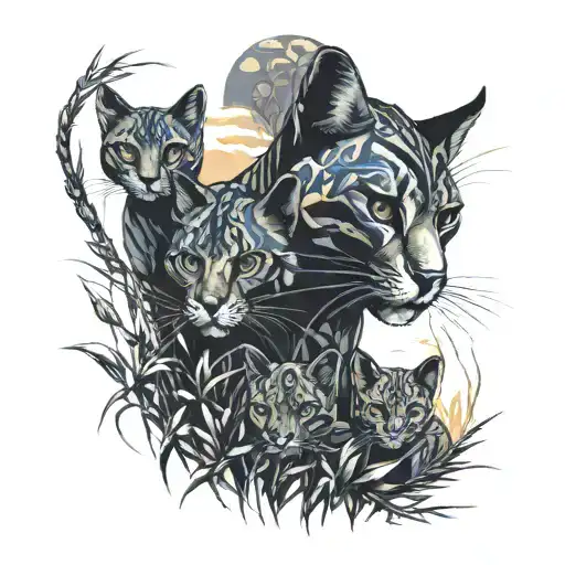African cats coming out of tall grassland  tattoo design idea