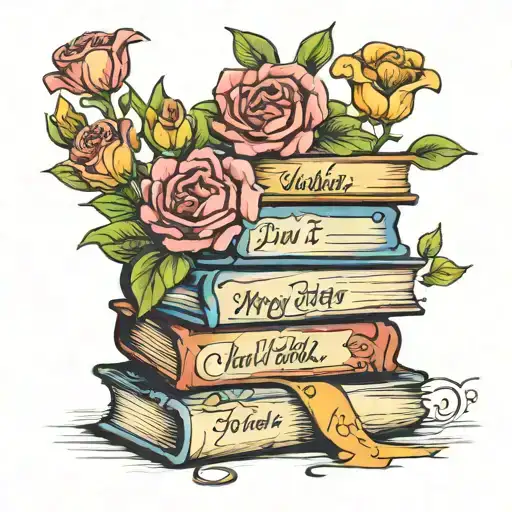 STACK OF BOOKS WITH FLOWERS AND THE SAYING DON'T JUDGE MY STORY BY THE CHAPTER YOU WALKED IN ON tattoo design idea