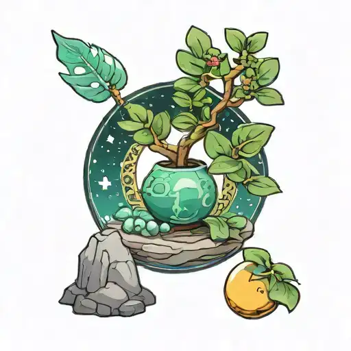 A jade plant on a island with the name isla jade stones showing the moon and stars tattoo design idea