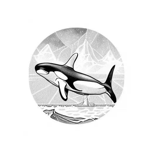 orca with blue eye and Washington beach background  tattoo design idea