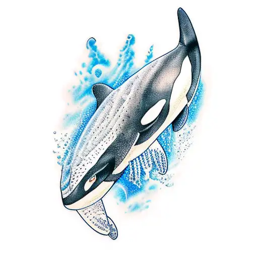 orca with blue eye and Washington beach background  tattoo design idea