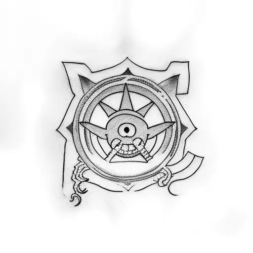 A minimalist tattoo of a rally car with the characters from One Piece and Naruto racing on top tattoo design idea
