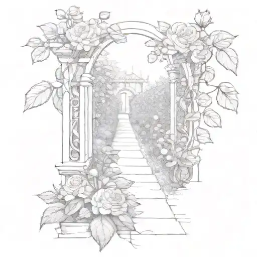 narrow path with roses growing plants leading to a garden  tattoo design idea