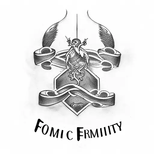 A tattoo design of a family crest with elements of exercise equipment and musical instruments incorporated, symbolizing the unity of family, fitness, and music tattoo design idea