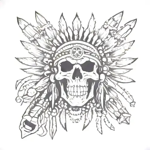 native american headress made up of rockets mortars and explosives with a skull face tattoo design idea