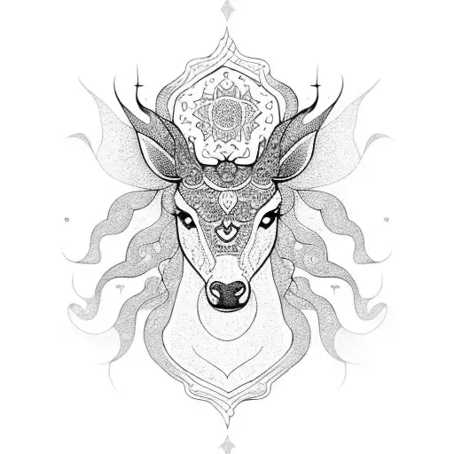 A blackwork tattoo of a majestic animal surrounded by a mandala-inspired floral pattern tattoo design idea