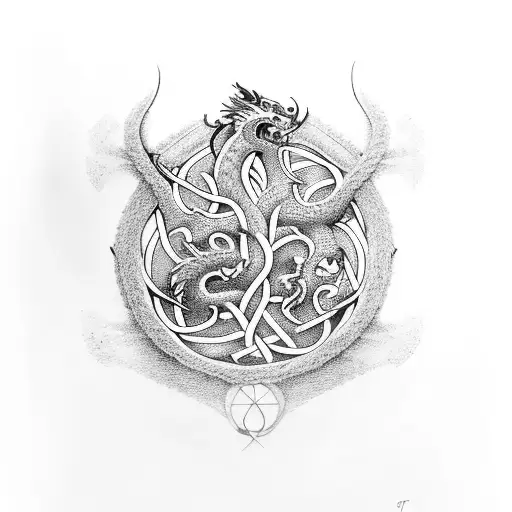 A majestic Tree of Life intertwined with Viking symbols, with a powerful dragon resting at its roots tattoo design idea