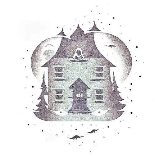A ghostly silhouette wearing sunglasses carring a little house and walking tattoo design idea