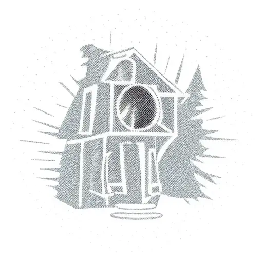 A ghostly silhouette wearing sunglasses carring a little house and walking tattoo design idea