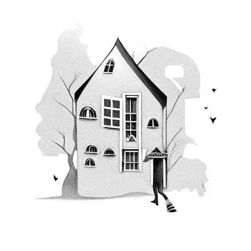 A ghostly silhouette wearing sunglasses carring a little house and walking tattoo design idea