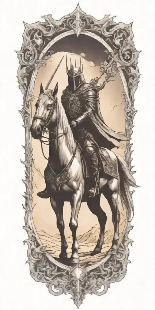 Arthas menethil (the Lich King), the Witch King of Angmar, Darth Revan, and soul of cinder as the four horsemen colorful tattoo design idea