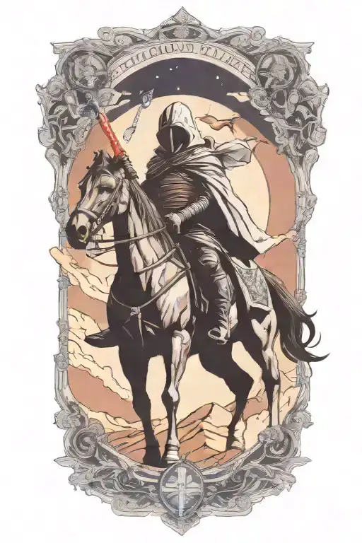 Darth Revan with red and blue  light sabers  as a four horseman looking himself on a horse  tattoo design idea