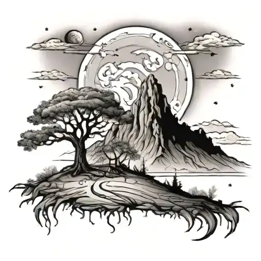 Mars with stars in the background mountains. There is a lonely tree it is burning. In the foreground is a battlefield, everyone is dead tattoo design idea