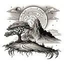 Mars with stars in the background mountains. There is a lonely tree it is burning. In the foreground is a battlefield, everyone is dead tattoo design idea