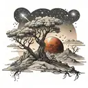 Mars with stars in the background mountains. There is a lonely tree it is burning. In the foreground is a battlefield, everyone is dead tattoo design idea