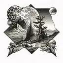 Mars with stars in the background mountains. There is a lonely tree it is burning. In the foreground is a battlefield, everyone is dead tattoo design idea
