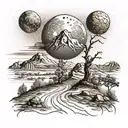 Mars with stars in the background mountains. There is a lonely tree it is burning. In the foreground is a battlefield, everyone is dead tattoo design idea