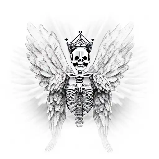 Skeleton With Angel wings wearing a crown tattoo design idea