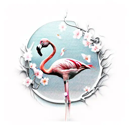 A graceful flamingo surrounded by falling Sakura petals tattoo design idea
