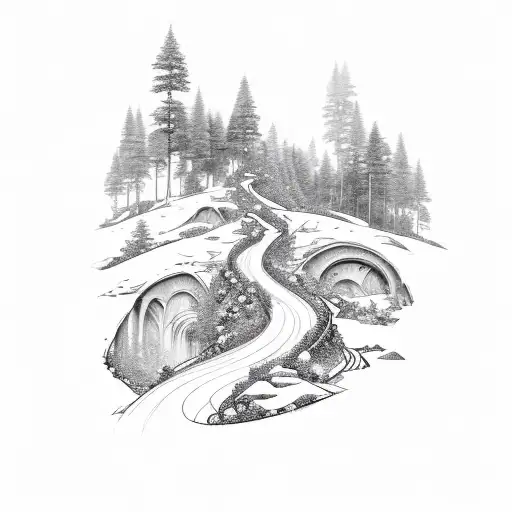 A mountain landscape with winding trails and hidden caves, adorned with small rose bushes along the path tattoo design idea
