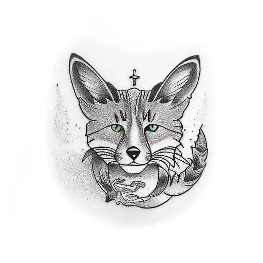 tattoo 15cm, on underarm, black and white, it's a cat with a fox tattoo design idea