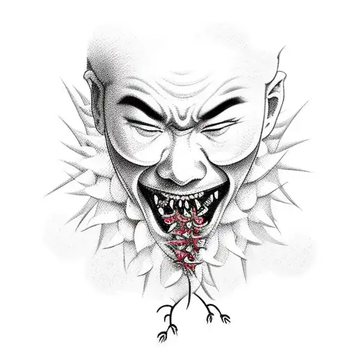 man screaming and a heart covered with thorns in his mouth tattoo design idea