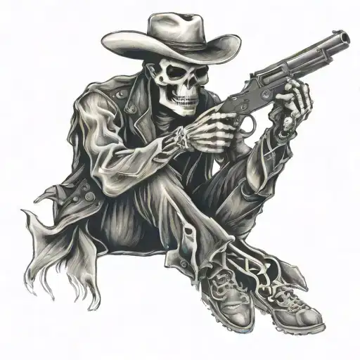 skeleton cowboy changing the magazine of his gun tattoo design idea