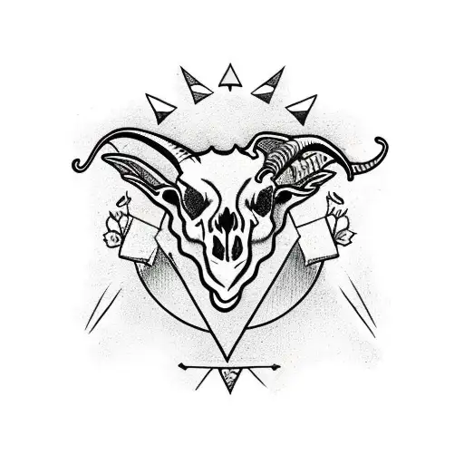 goat skulls with roses, a knife inside of the head and a pyramid on background tattoo design idea