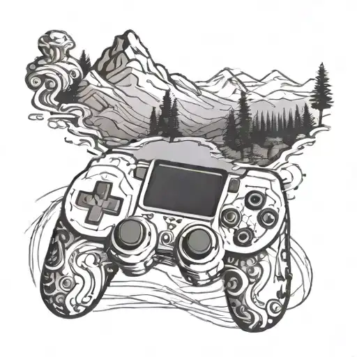 A mountain landscape with a hidden gaming console controller integrated into the design tattoo design idea