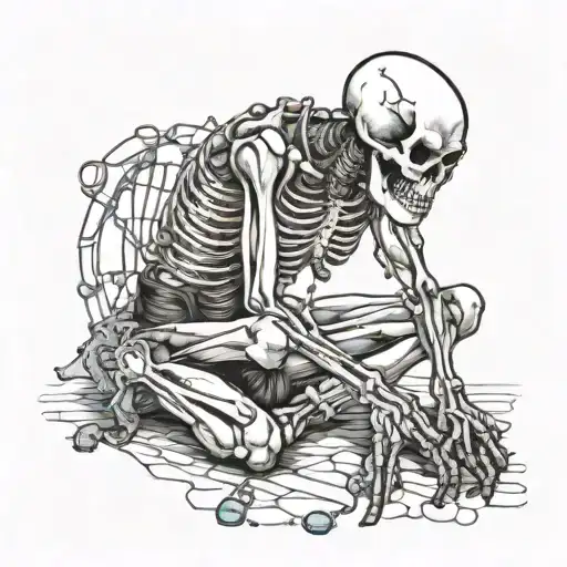 Skeleton on his knees with a cracked skull with thoughts pouring out with a rosary around his barbed wire hands tattoo design idea