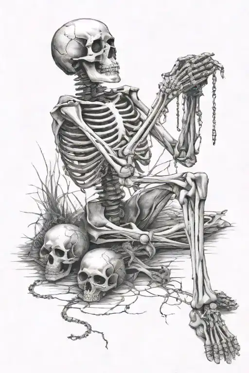Skeleton on his knees praying with a wide open skull with a rosary and barbed wire wrapped around his hands  tattoo design idea
