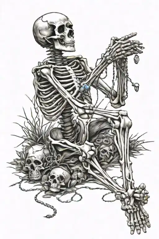 Skeleton on his knees praying with a wide open skull with a rosary and barbed wire wrapped around his hands  tattoo design idea