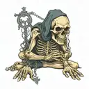 Skeleton on his knees begging with a cracked open skull with a rosary and barbed wire wrapped around his hands tattoo design idea
