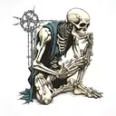 Skeleton on his knees begging with a cracked open skull with a rosary and barbed wire wrapped around his hands tattoo design idea