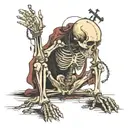 Skeleton on his knees begging with a cracked open skull with a rosary and barbed wire wrapped around his hands tattoo design idea