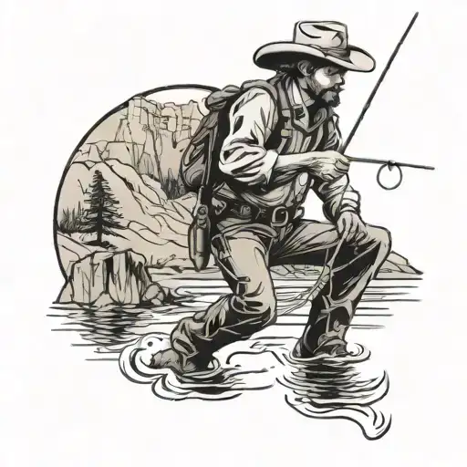 A black-grey tattoo of a rugged cowboy casting a fishing line into a river, with the Wyoming logo on his hat tattoo design idea