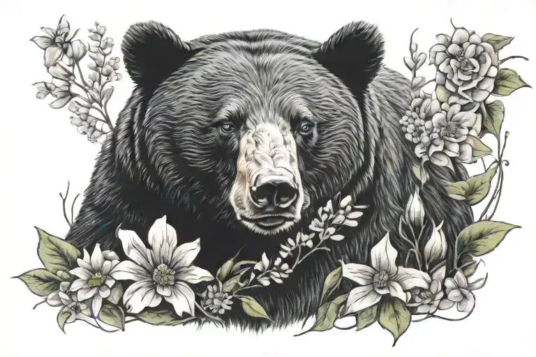 black bear with flowers around him tattoo design idea