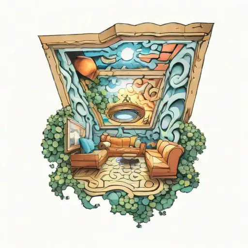 dmt entity peering through the roof of the room as i sit in the sofa looking up tattoo design idea